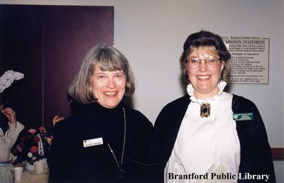 Margaret Andrewes and Wendy Newman attend the Brantford Sesquicentennial Celebration at the Brantford Public Library