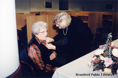 Carmela Henry and Wendy Newman at the Brantford Public Library 1998 Long Term Service Awards