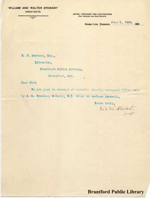 William and Walter Stewart Architects Letter to the Brantford Public Library