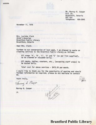 Letter from Murray B. Cooper to the Brantford Public Library Regarding a Quotation for Cleaning Services