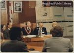 Osijek delegates sit with Mayor David Neumann, speaking, in October 1981