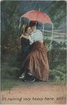 Postcard addressed to Brantford resident, depicting two people with an umbrella