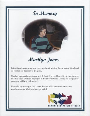 &quot;In Memory of Marilyn Jones&quot; Flyer Distributed by the Brantford Public Library