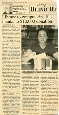 Library To Computerize Files, Thanks To $10,000 Donation, Blind River, 1997