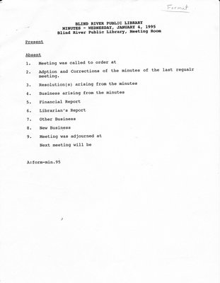 Blind River Public Library Board Meeting Minutes 1995