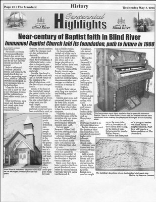 Near Century of Baptist Faith in Blind River. Immanuel Baptist Church Laid Its Foundation, Path To Future In 1908 - The Standard, 2006