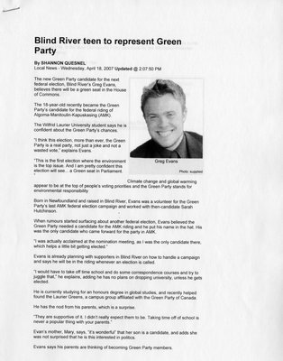 Blind River Teen To Represent Green Party, 2007
