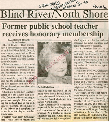 Former Teacher Receives Honorary Membership, Blind River, The Standard, 1995
