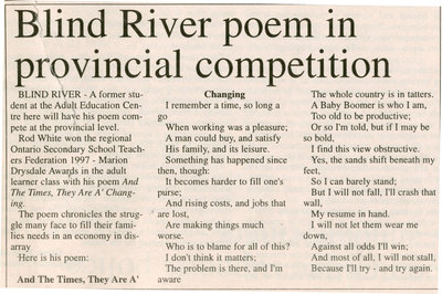 Blind River Poem in Provincial Competition, The Standard 1997
