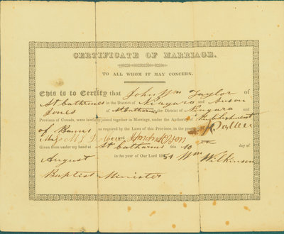 Certificate of Marriage, John William Taylor - Susan Jones, 1851