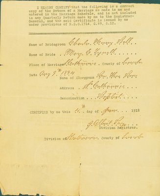 Marriage Certificate, Charles Henry Bell - Mary E. Tyrrell, 1894