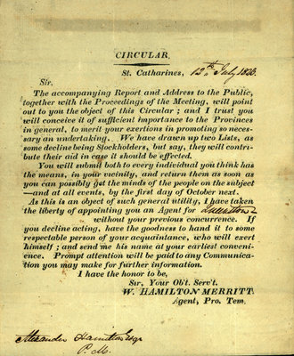 William Hamilton Merritt Welland Canal circular, July 12, 1823