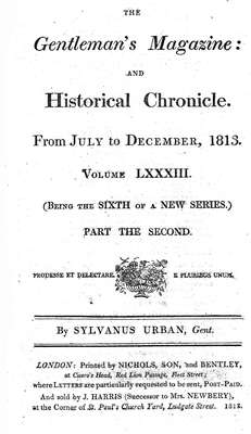 The Gentleman's Magazine and Historical Chronicle - 1813 July to December Index and Supplements