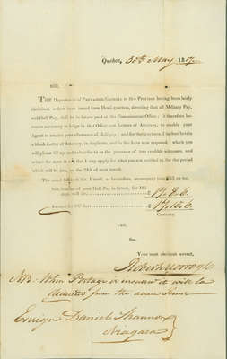 Letter Regarding Ensign Daniel Shannon's Military Pay from the Commissariat Office- 30 May 1817