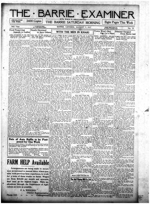 Barrie Examiner, 9 Aug 1917