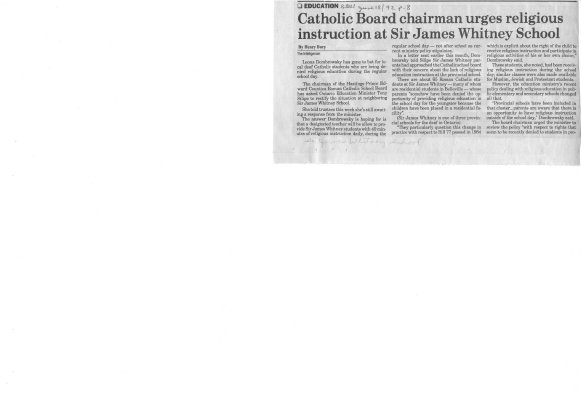 Catholic Board chairman urges religious instruction at Sir James Whitney School