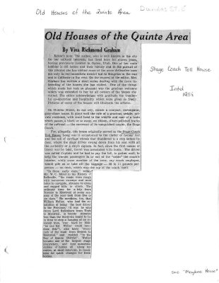 Old houses of the Quinte Area: Stage Coach Toll House