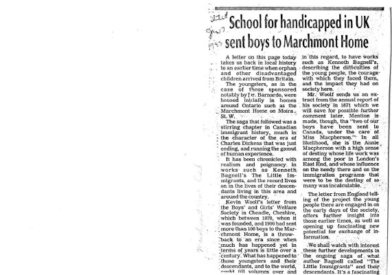 School for handicapped in UK sent boys to Marchmont Home