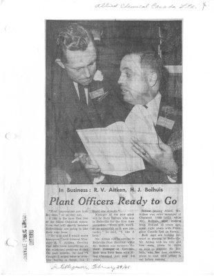 In Business: R.V. Aitken, J.J. Bolhuis.  Plant officers ready to go - Allied Chemical Canada Ltc.