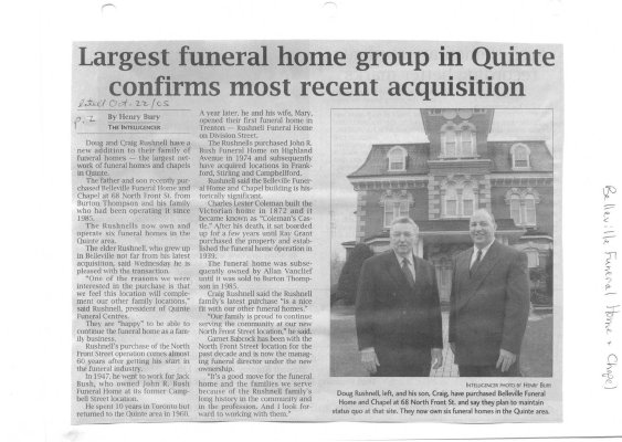 Largest funeral home group in Quinte confirms most recent acquisition: Belleville Funeral Home