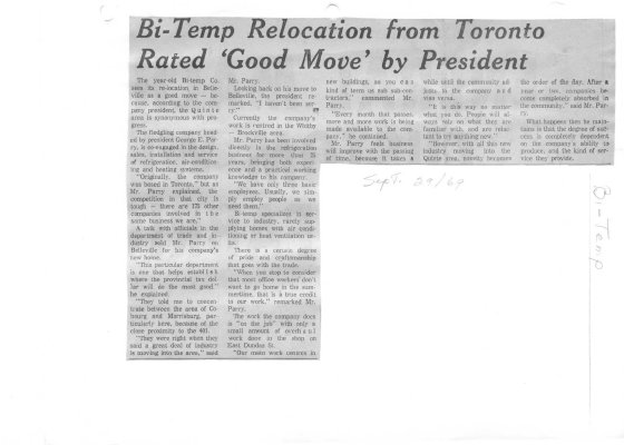 Bi-Temp relocation from Toronto rated &quot;good move&quot; by President