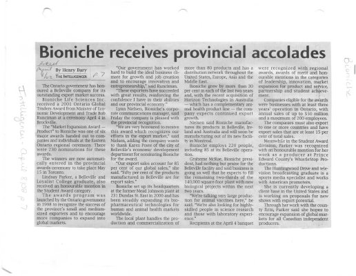 Bioniche receives provincial accolades