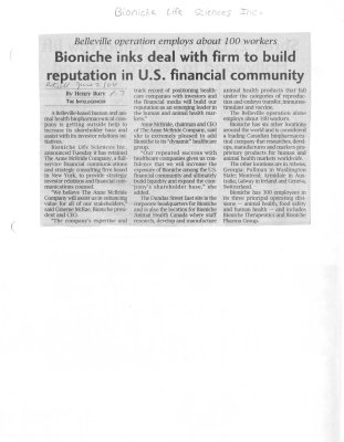 Bioniche inks deal with firm to build reputation in U.S. financial community