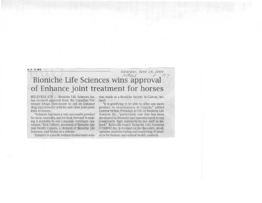 Bioniche Life Sciences wins approval of Enhance joint treatment for horses