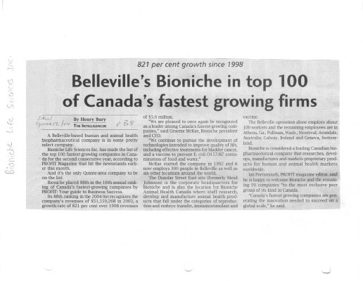 Belleville's Bioniche in top 100 of Canada's fastest growing firms