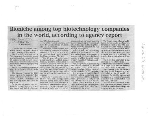 Bioniche among top biotechnology companies in he world, according to agency report