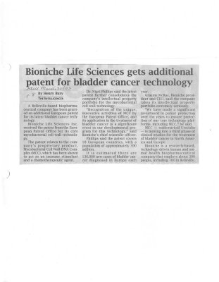 Bioniche Life Sciences gets additional patent for bladder cancer technology