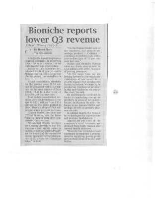 Bioniche reports lower Q3 revenue