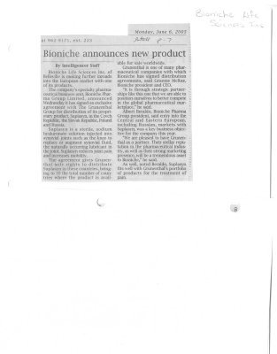 Bioniche announces new product