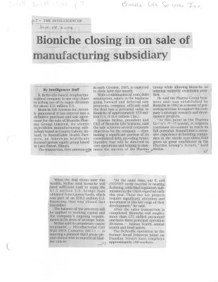 Bioniche closing in on sale of manufacturing subsidiary