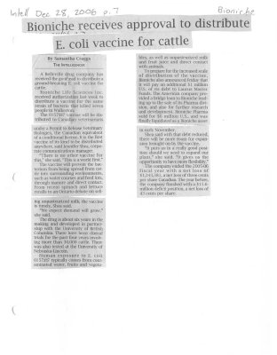 Bioniche receives approval to distribute E. coli vaccine for cattle