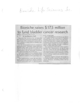 Bioniche raises $17.5 million to fund bladder cancer research