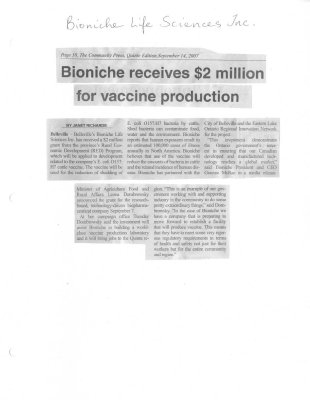 Bioniche receives $2 million for vaccine production