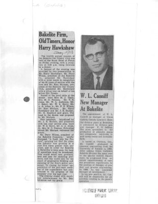 Bakelite firm, old timers, honor Harry Hawkshaw.  W. L. Canniff new manager at Bakelite