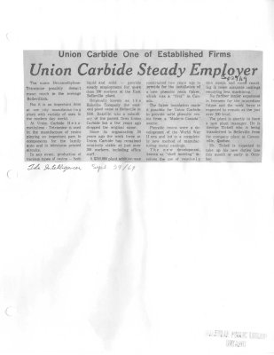 Union Carbide One of established firms:  Union Carbide steady employer (Bakelite)