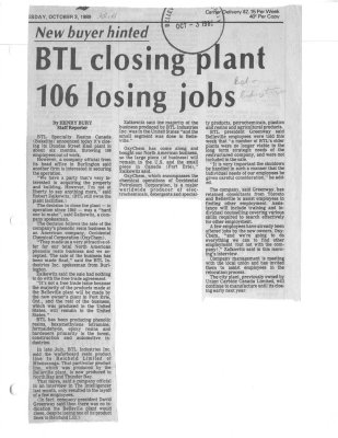 New buyer hinted: BTL closing plant 106 losing jobs (Bakelite)