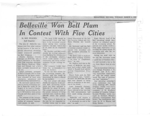 Belleville won Bell Plum in contest with five cities - Bell Telephone