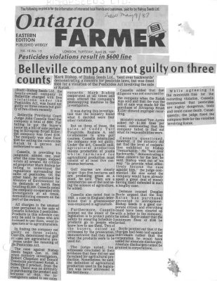 Seed firm feels victimized: Pesticides violations result in $600 fine: Belleville company not guilty on three counts: Bishop Seeds Ltd.