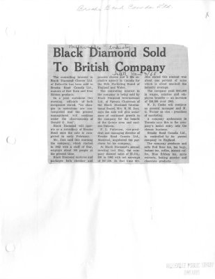 Black Diamond sold to British Company: Brooke Bond Canada Ltd.