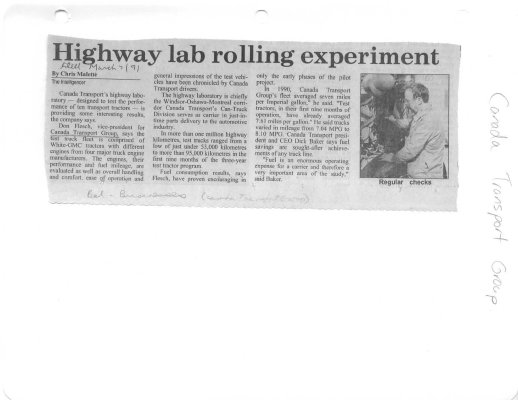 Highway lab rolling experiment: Canada Transport Group