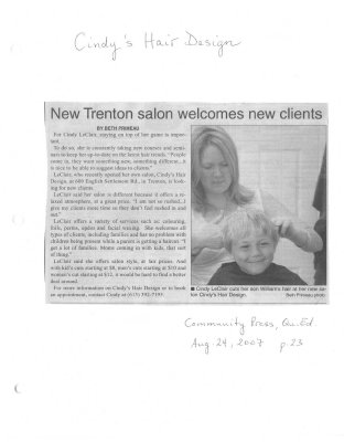 New Trenton salon welcomes new clients : Cindy's Hair Design