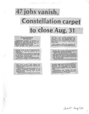 47 jobs vanish, Constellation carpet to close Aug. 31