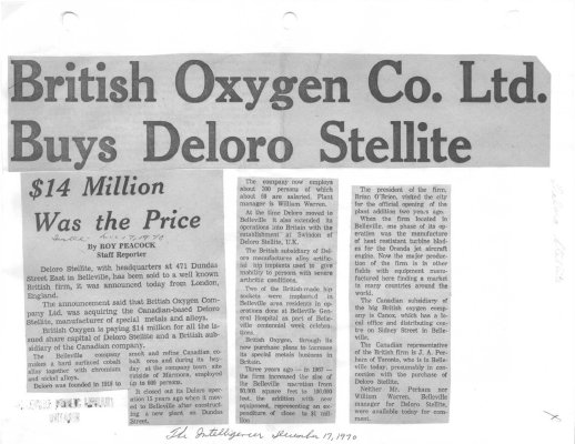 British Oxygen Co. Ltd. Buys Deloro Stellite