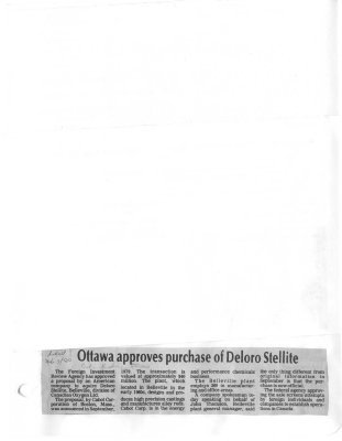 Ottawa approves purchase of Deloro Stellite