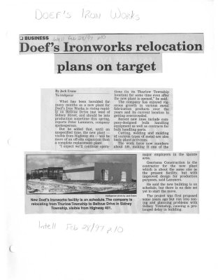 Doefs Ironworks relocation plans on target