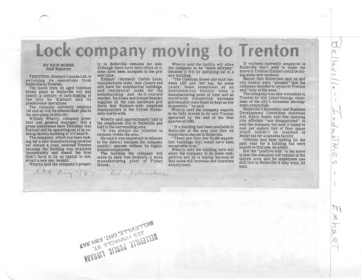 Lock company moving to Trenton: Emhart